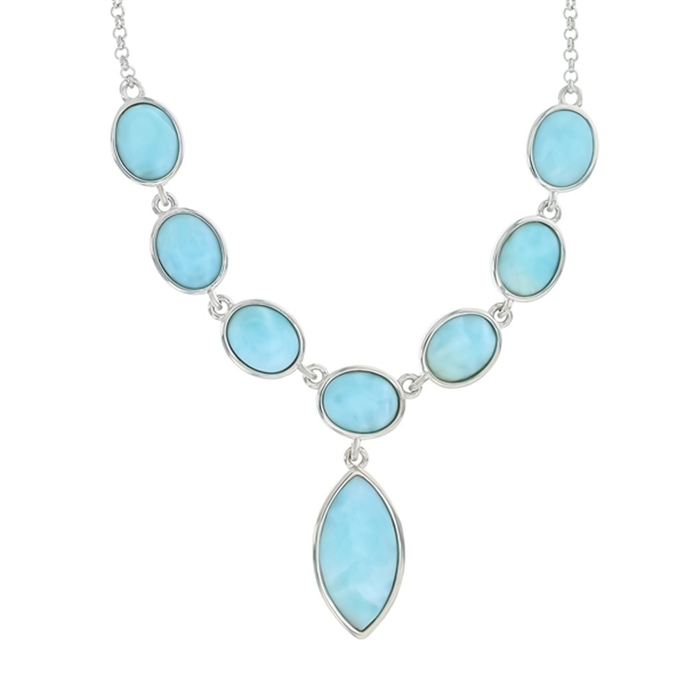 925 Sterling  Silver Larimar Marquise & Oval Disc Necklace 18"+2"